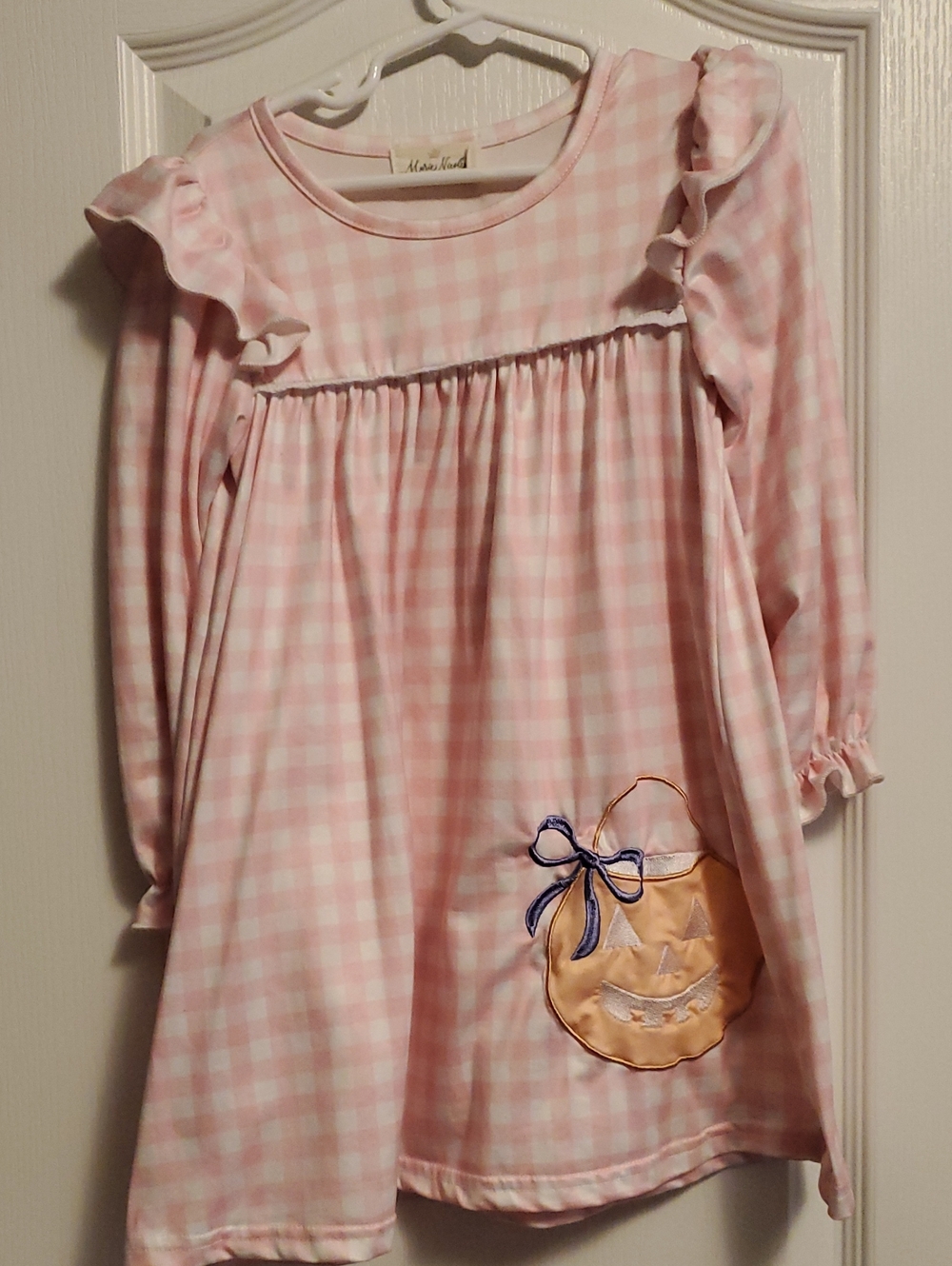 Pink Gingham Ruffle Long Sleeve Dress with Pumpkin Applique
